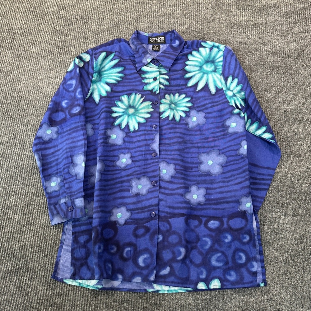 Zoey & Beth Floral Abstract Button Down Shirt Large Blue Rayon Long Sleeve